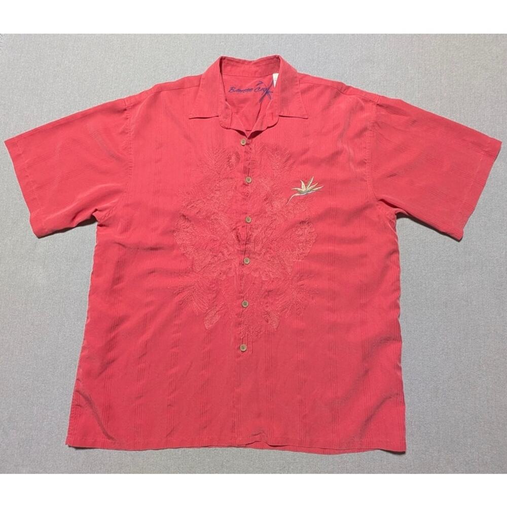 Bamboo Cay Red Embroidered Hawaiian Camp Shirt Bird of Paradise Sz L Korea